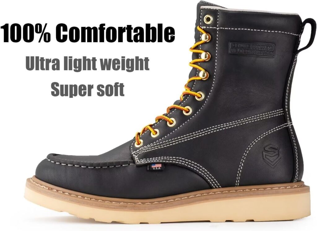 SUREWAY 8” Wedge Moc Toe Work Boots for Men - Soft Toe, Premium Full-Grain Leather, Safety Work Boots/Shoes, Comfort Insole, Superior Oil/Slip Resistant, Real Goodyear, EH Rated Industrial Construction Boots