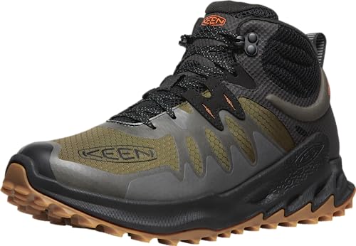 KEEN Men's Zionic Mid Height Waterproof All Terrain Hiking Boots, Dark Olive/Scarlet Ibis, 11.5